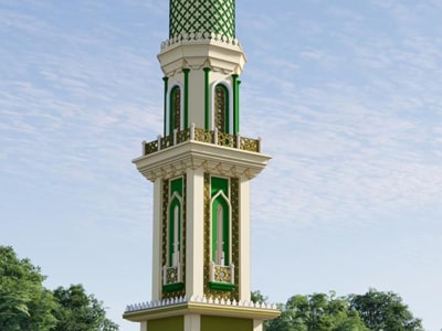 Sebuah menara tinggi berwarna hijau dan putih dengan latar langit biru berawan.
